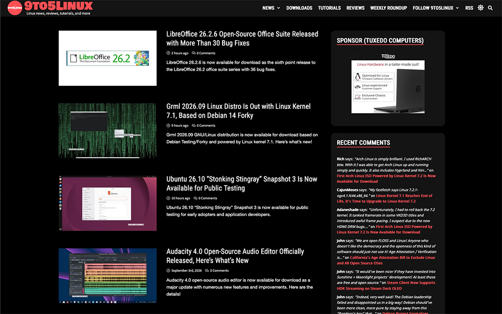 9to5linux website main page